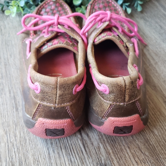 Twisted X Pink Brown Leather Cancer Awareness Weave Driving Mocs Womens Size 6.5 - Picture 6 of 8